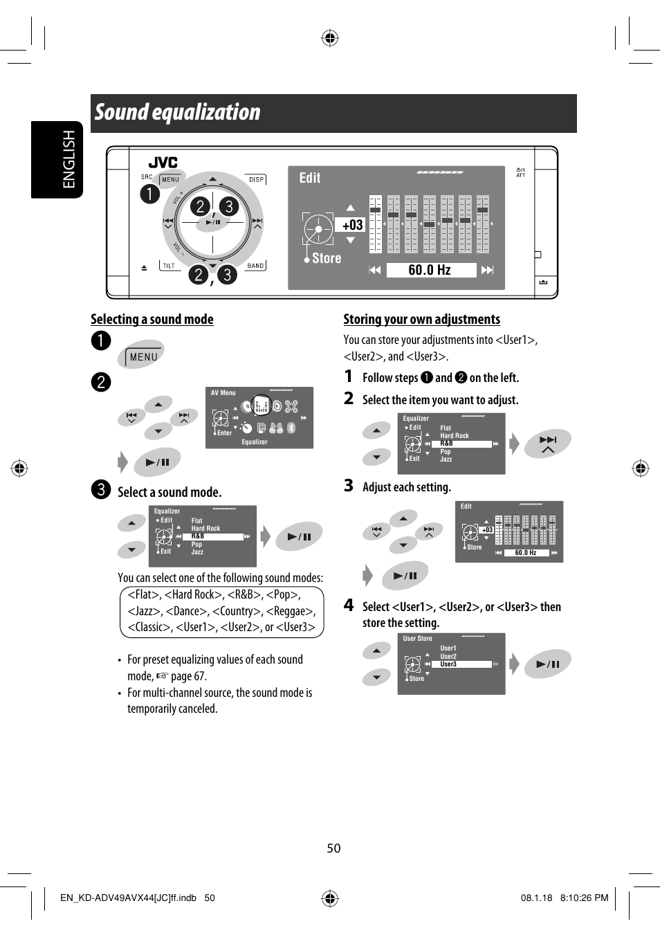 Settings, Sound equalization, English | Selecting a sound mode, Select a sound mode, Storing your own adjustments | JVC KD-ADV49 User Manual | Page 50 / 225