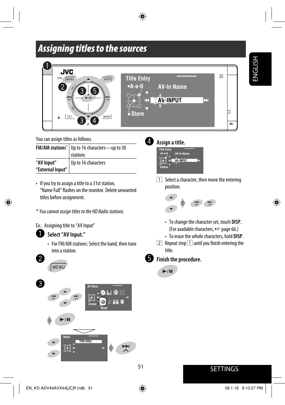Assigning titles to the sources, Settings, English | JVC KD-ADV49 User Manual | Page 51 / 225