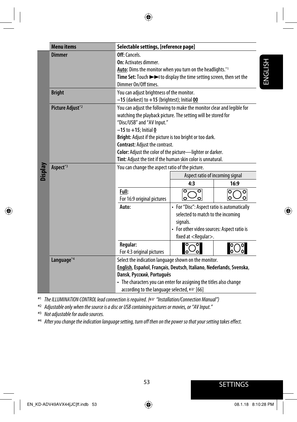 Settings, English, Display | JVC KD-ADV49 User Manual | Page 53 / 225