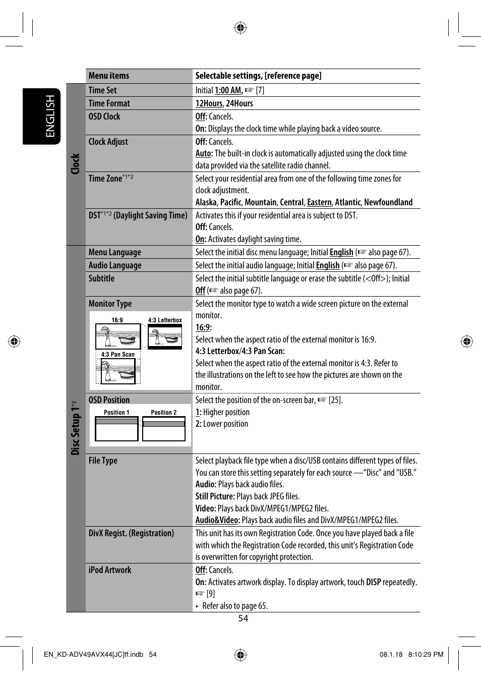English, Clock, Disc setup 1 | JVC KD-ADV49 User Manual | Page 54 / 225
