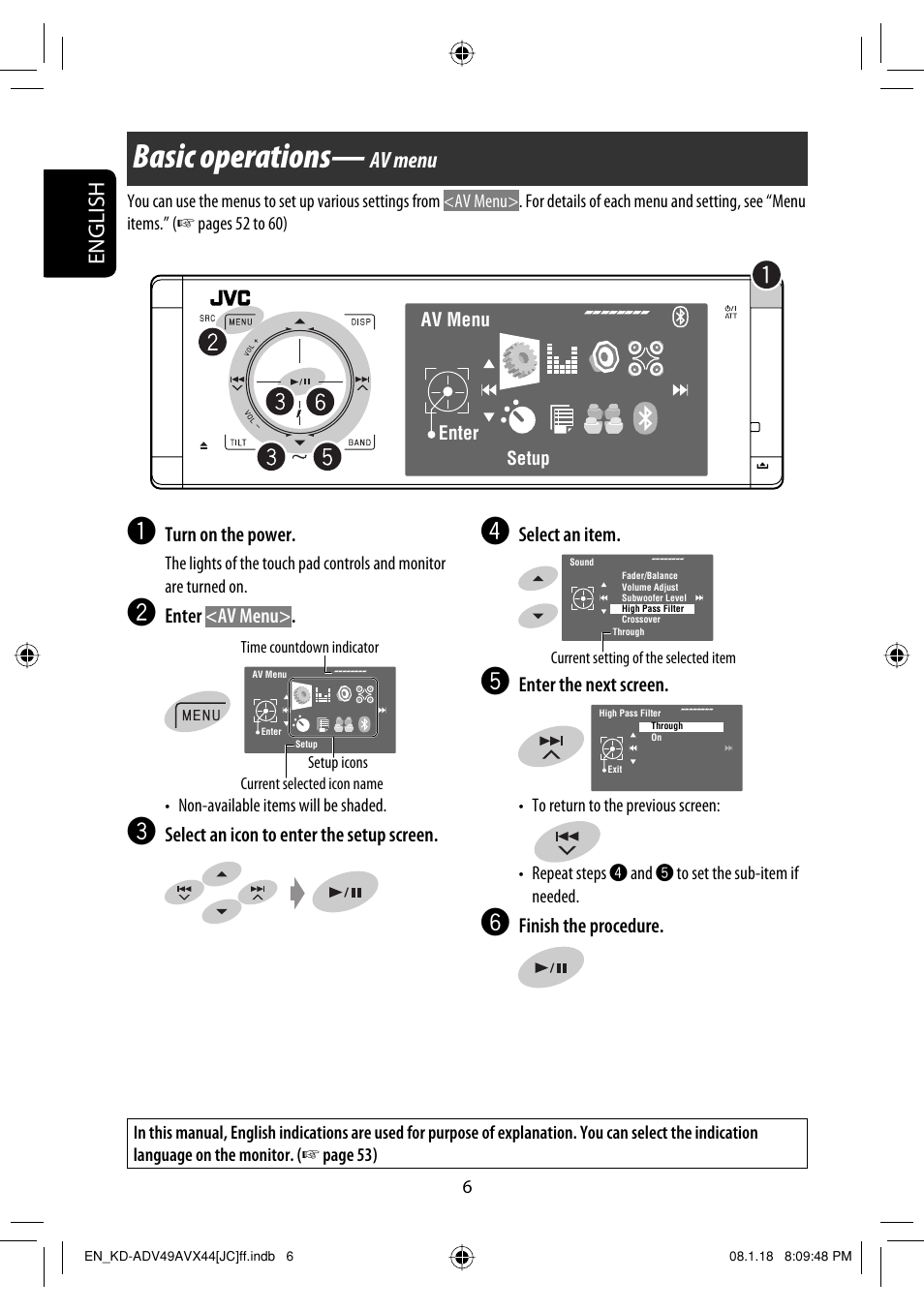 Operations, Basic operations — av menu, Basic operations | English, Av menu | JVC KD-ADV49 User Manual | Page 6 / 225