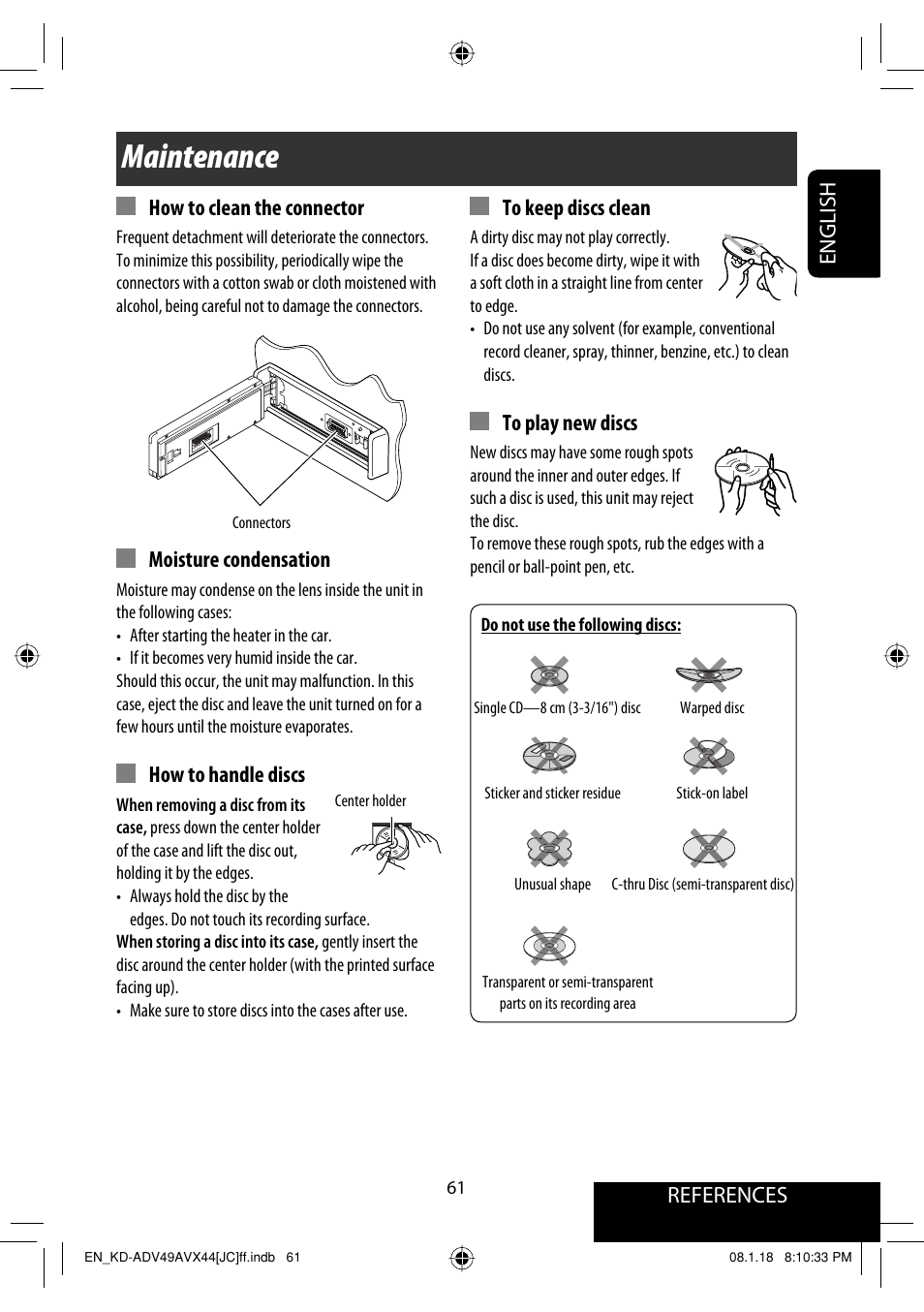 References, Maintenance, References english how to clean the connector | Moisture condensation, How to handle discs | JVC KD-ADV49 User Manual | Page 61 / 225