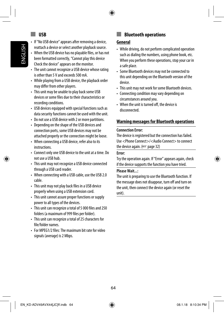 English, Bluetooth operations | JVC KD-ADV49 User Manual | Page 64 / 225