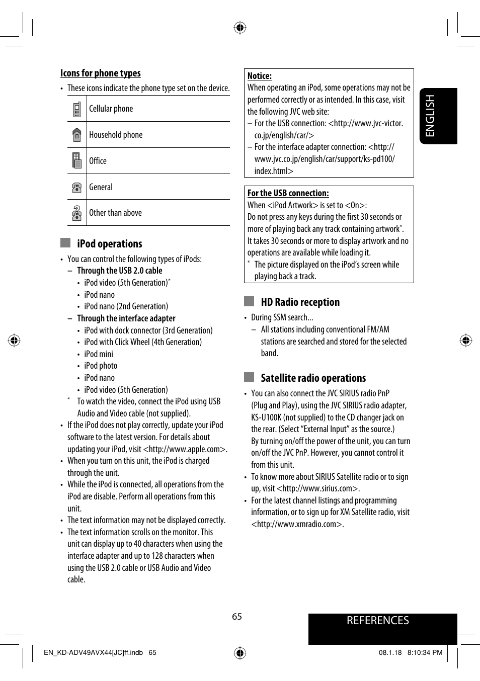 References english, Ipod operations, Hd radio reception | Satellite radio operations | JVC KD-ADV49 User Manual | Page 65 / 225
