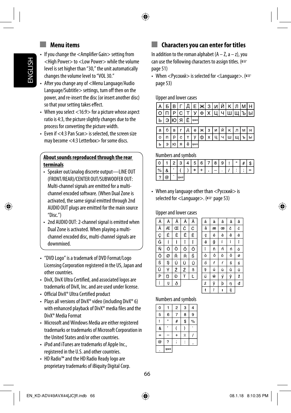 English, Characters you can enter for titles, Menu items | JVC KD-ADV49 User Manual | Page 66 / 225