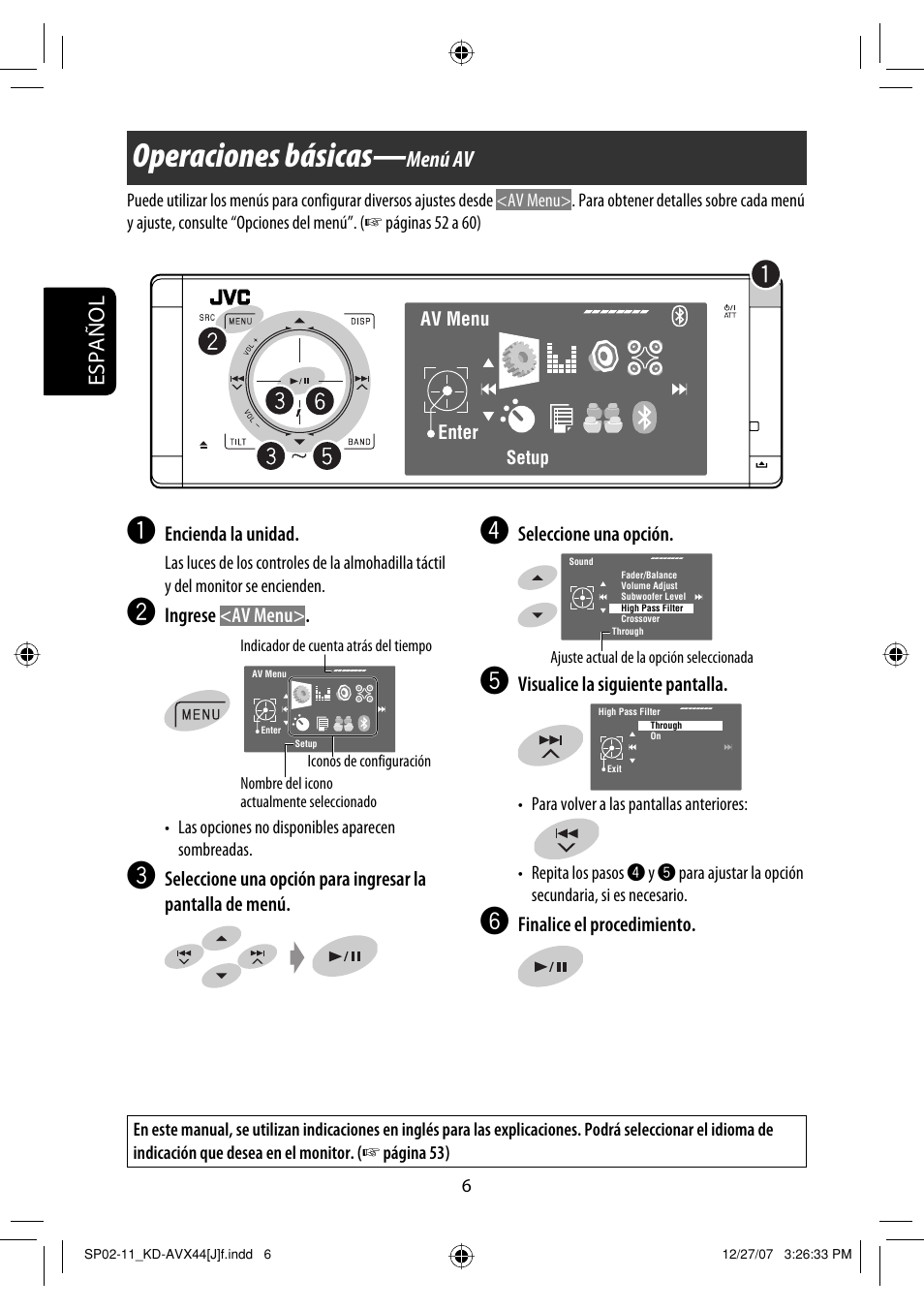 Operaciones básicas, Español, Menú av | JVC KD-ADV49 User Manual | Page 80 / 225