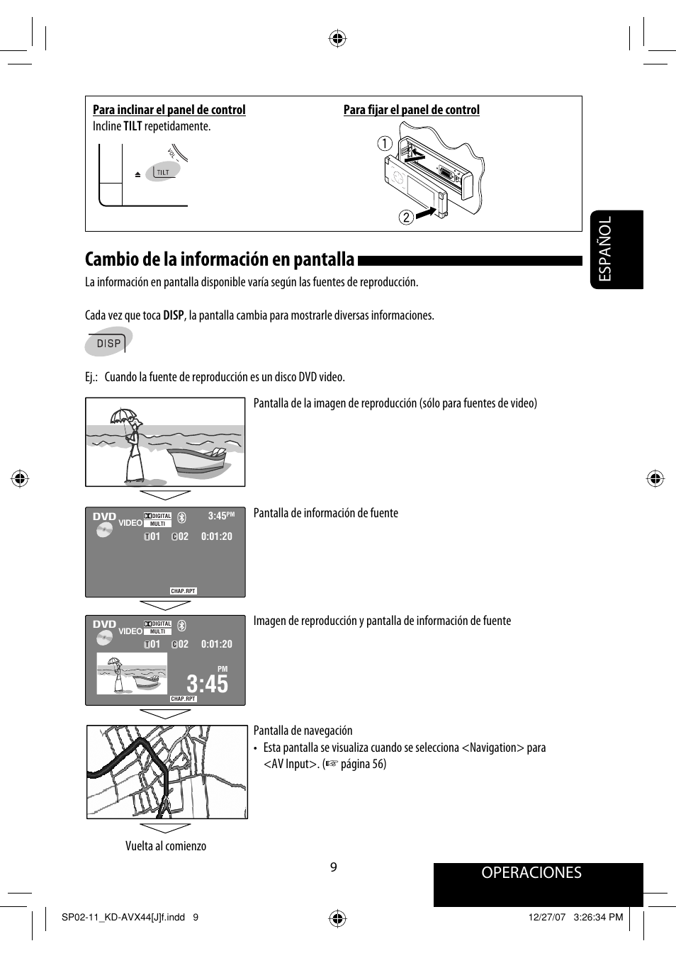 Cambio de la información en pantalla, Operaciones, Español | JVC KD-ADV49 User Manual | Page 83 / 225