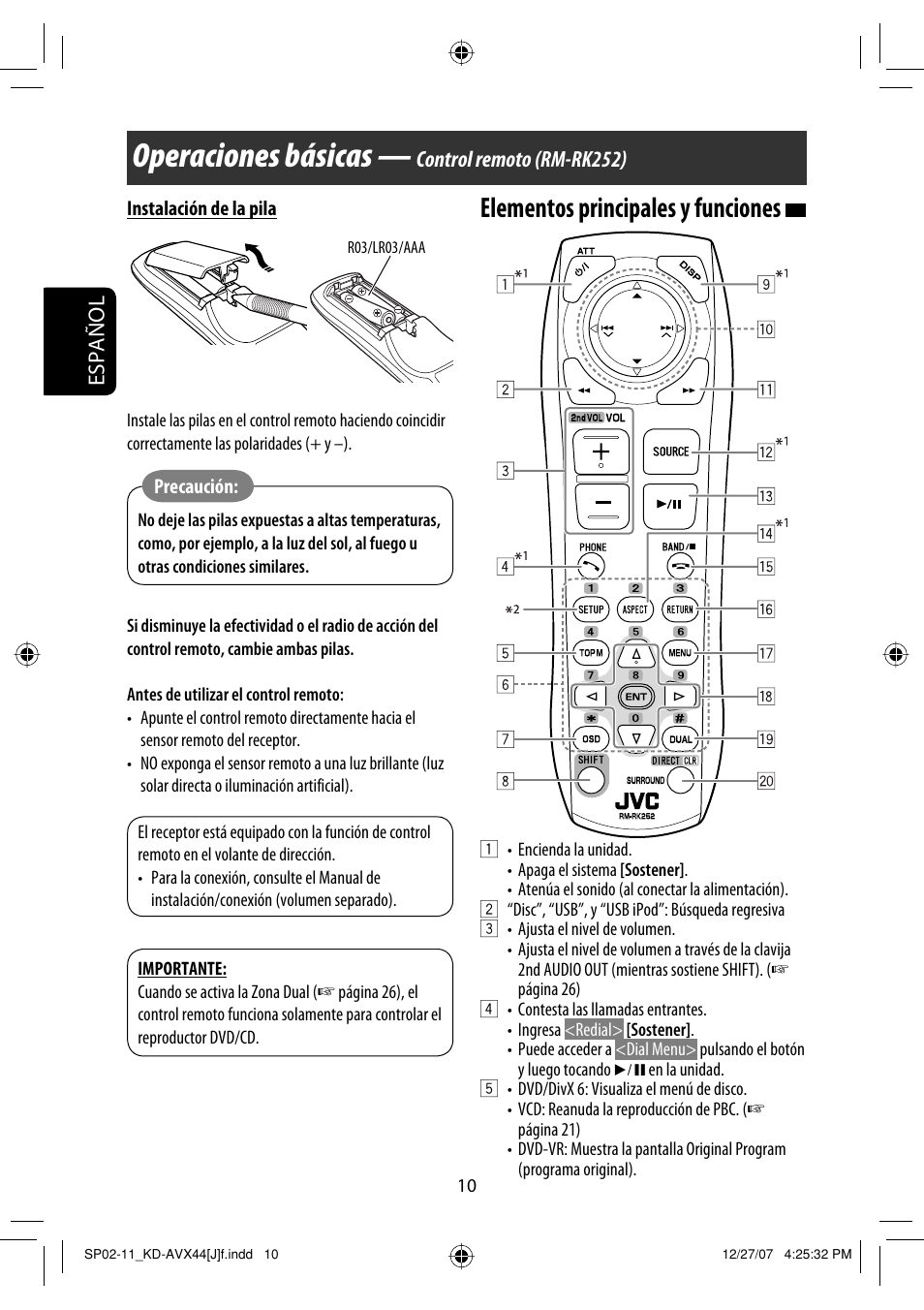 Operaciones básicas, Elementos principales y funciones, Español | Control remoto (rm-rk252) | JVC KD-ADV49 User Manual | Page 84 / 225
