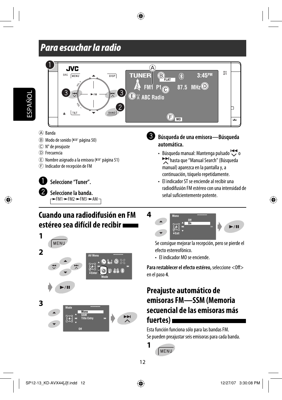 Para escuchar la radio, Español | JVC KD-ADV49 User Manual | Page 86 / 225