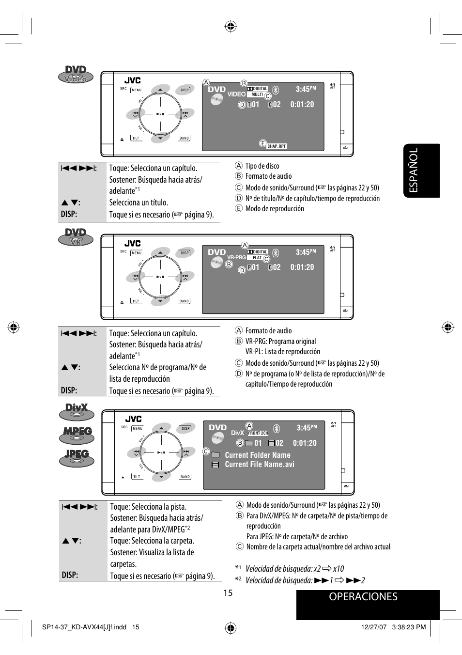 Operaciones, Español | JVC KD-ADV49 User Manual | Page 89 / 225