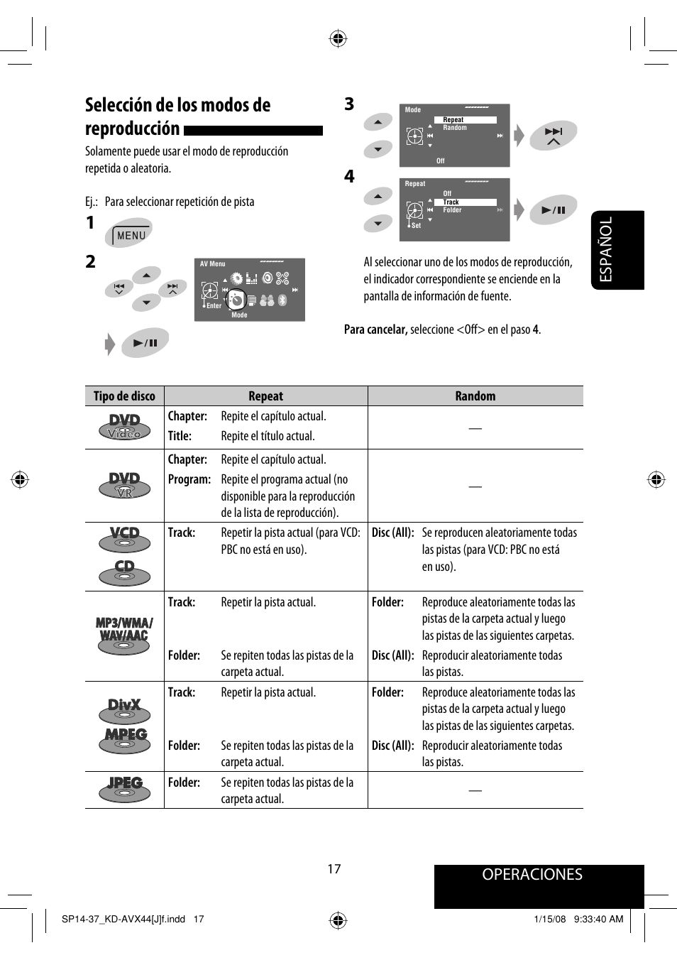 Selección de los modos de reproducción, Operaciones, Español | JVC KD-ADV49 User Manual | Page 91 / 225