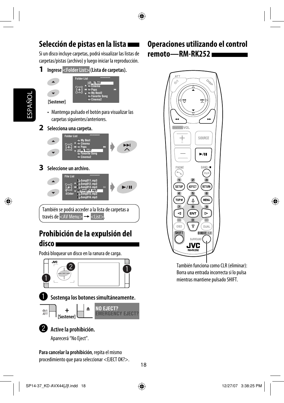 Selección de pistas en la lista, Prohibición de la expulsión del disco, Operaciones utilizando el control remoto—rm-rk252 | Español | JVC KD-ADV49 User Manual | Page 92 / 225