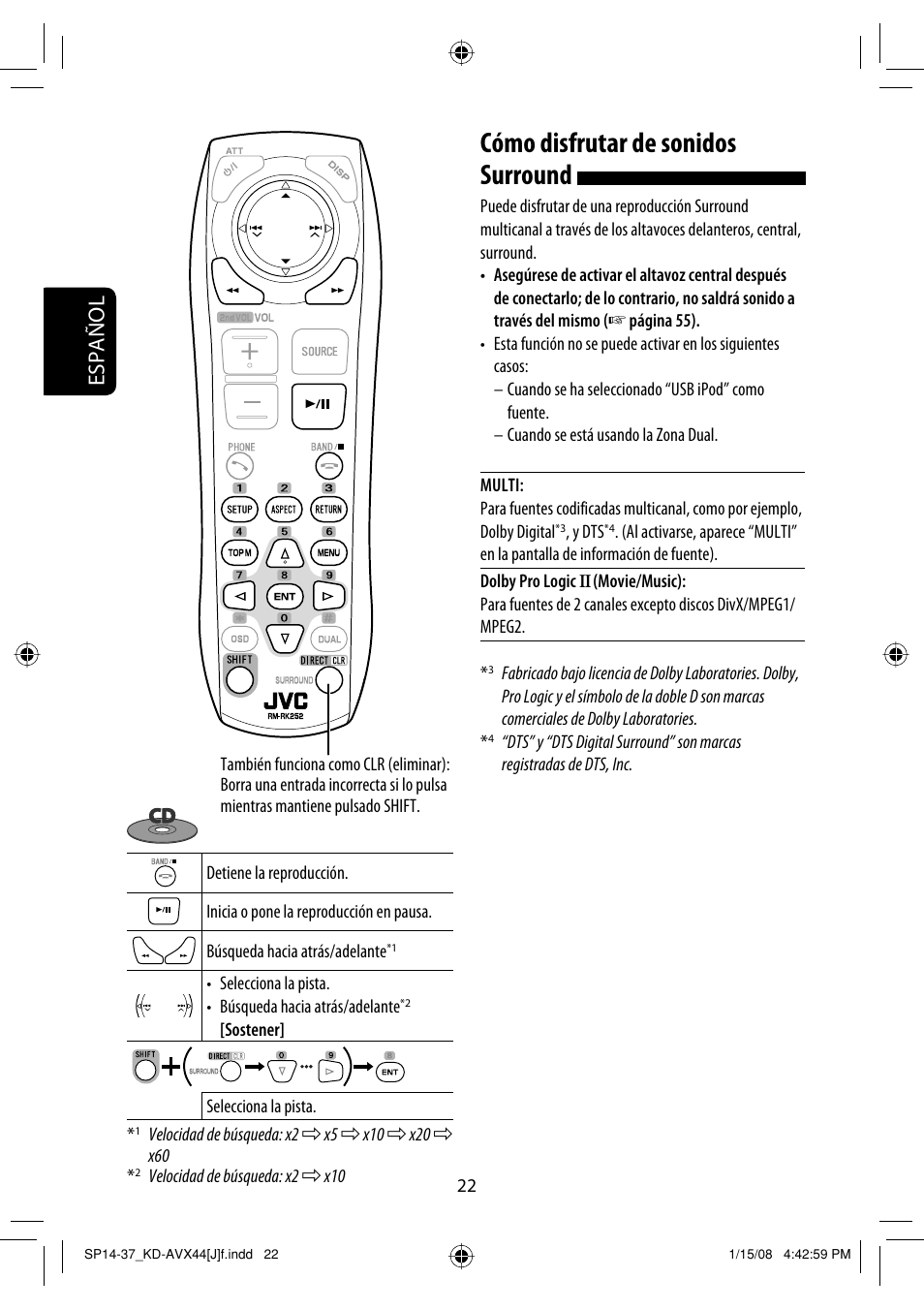 Cómo disfrutar de sonidos surround, Español | JVC KD-ADV49 User Manual | Page 96 / 225
