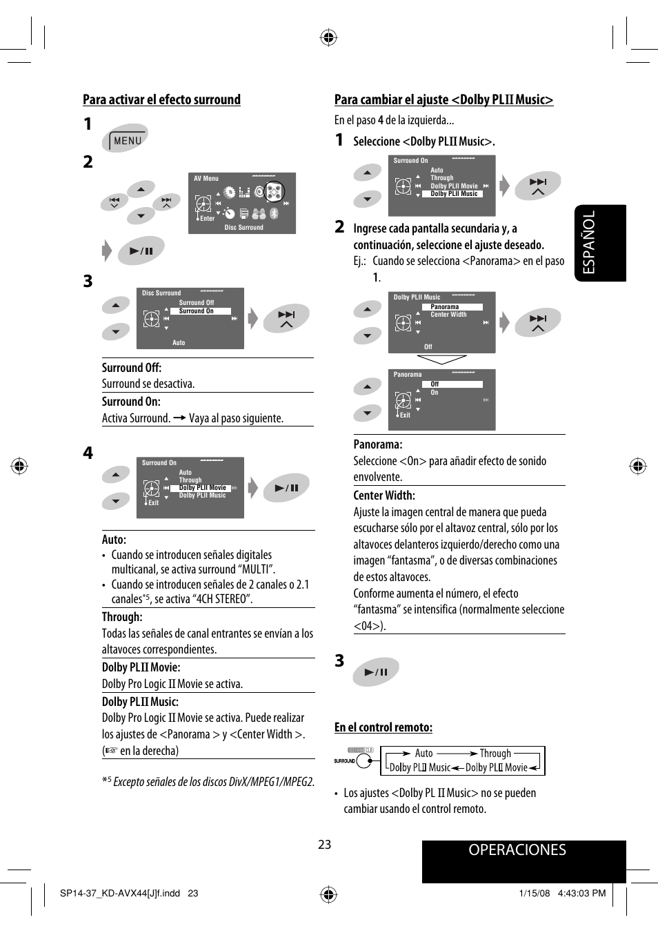 Operaciones, Español, Para activar el efecto surround | Para cambiar el ajuste <dolby pl ii music | JVC KD-ADV49 User Manual | Page 97 / 225