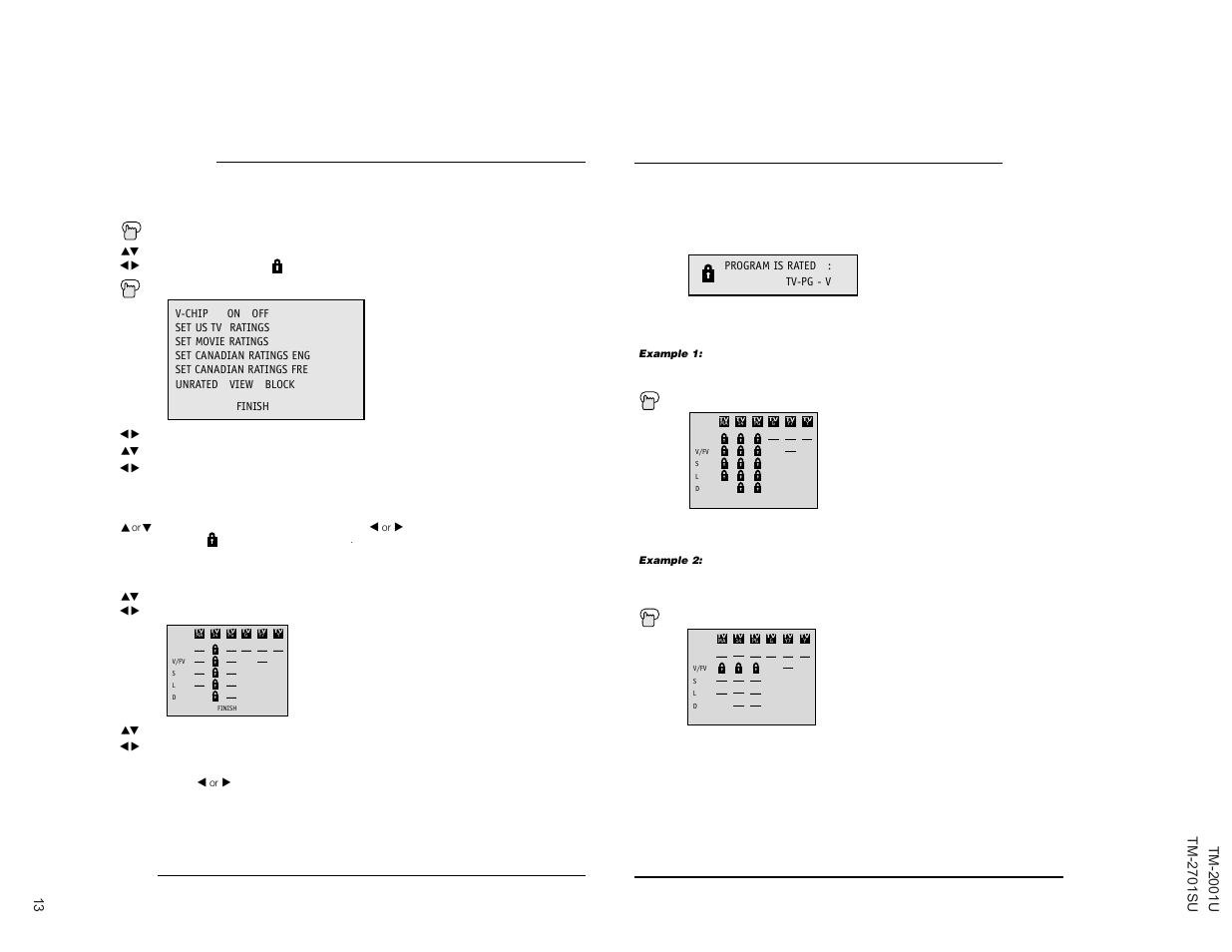 V-chip, Setting ratings with the v-chip button, Setting us v-chip ratings | JVC TM-2001U User Manual | Page 13 / 24