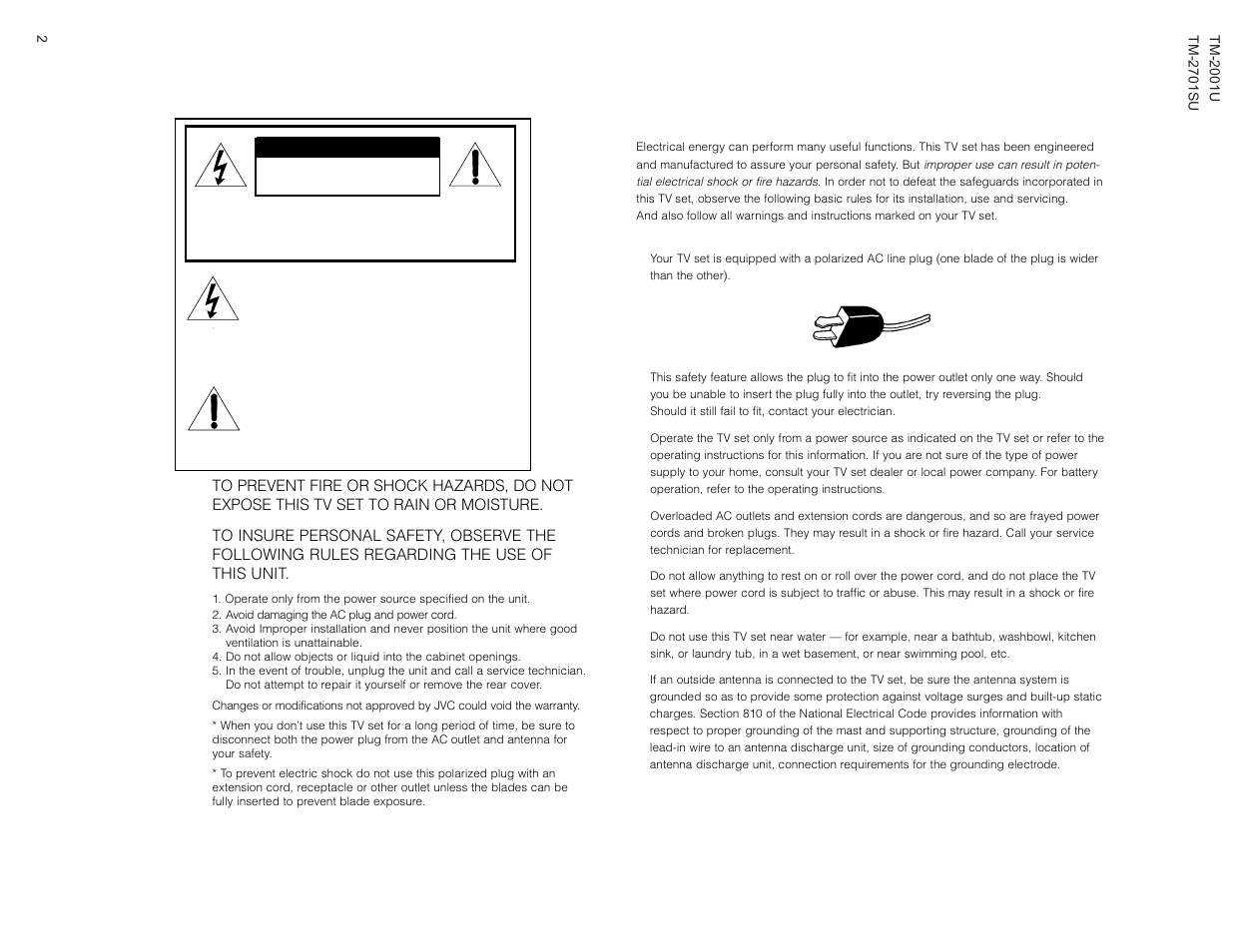 Important safety precautions, Important safeguards, Caution | JVC TM-2001U User Manual | Page 2 / 24