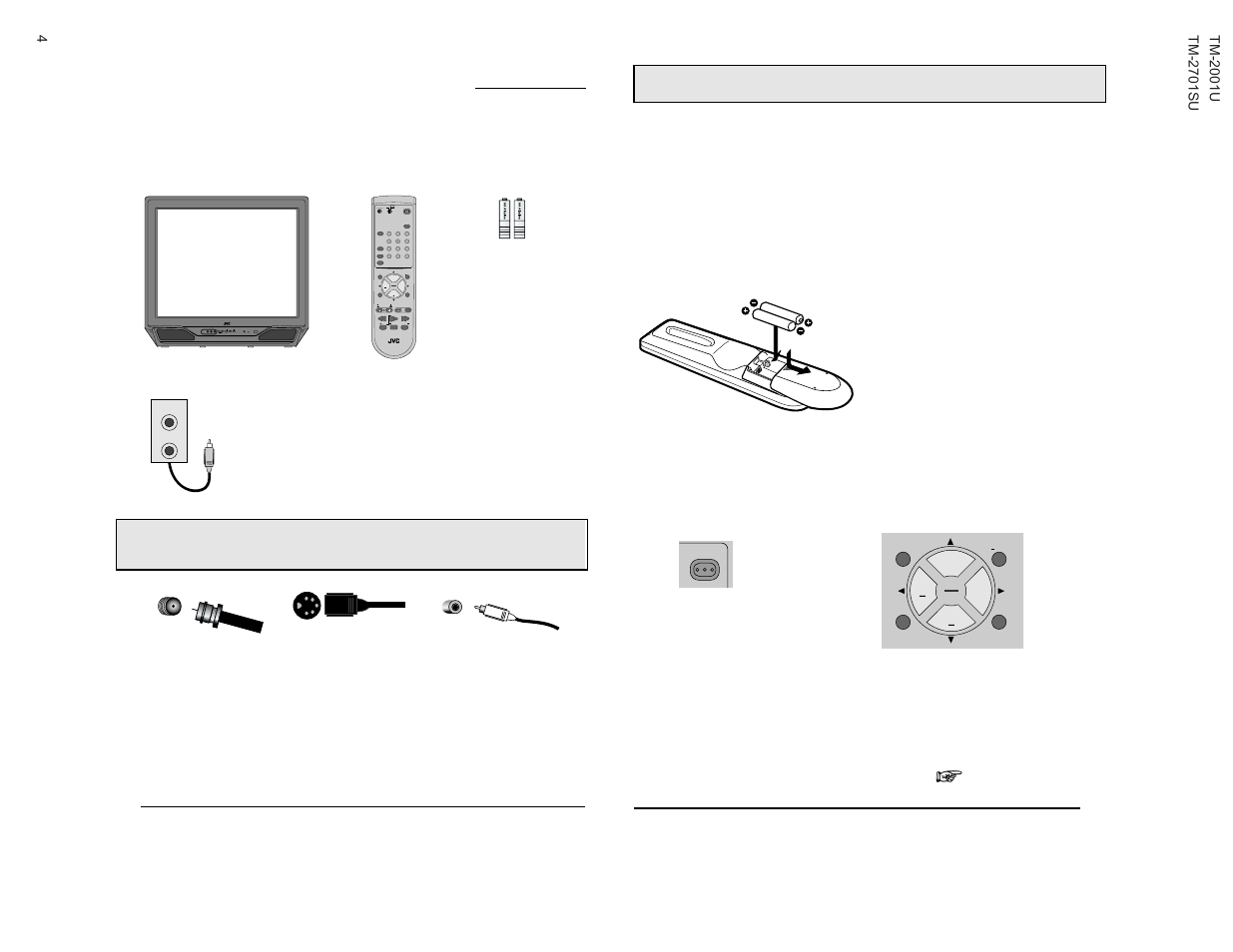 Unpacking your television, Quick setup 1, Return+ muting menu v chip exit | JVC TM-2001U User Manual | Page 4 / 24