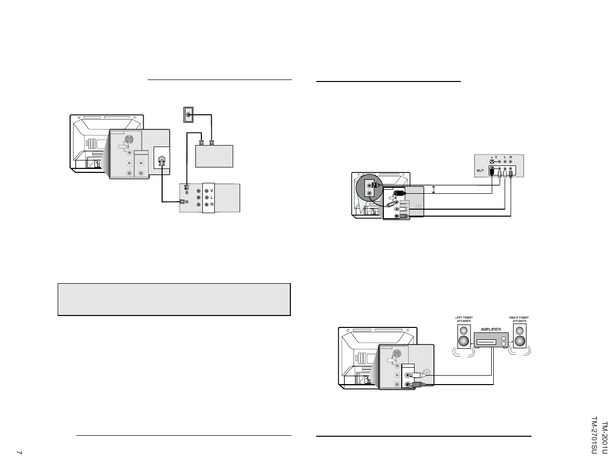 Connections, Stereo vcr/dvd connections, Connecting to an external amplifier | Cable and vcr connections - continued | JVC TM-2001U User Manual | Page 7 / 24