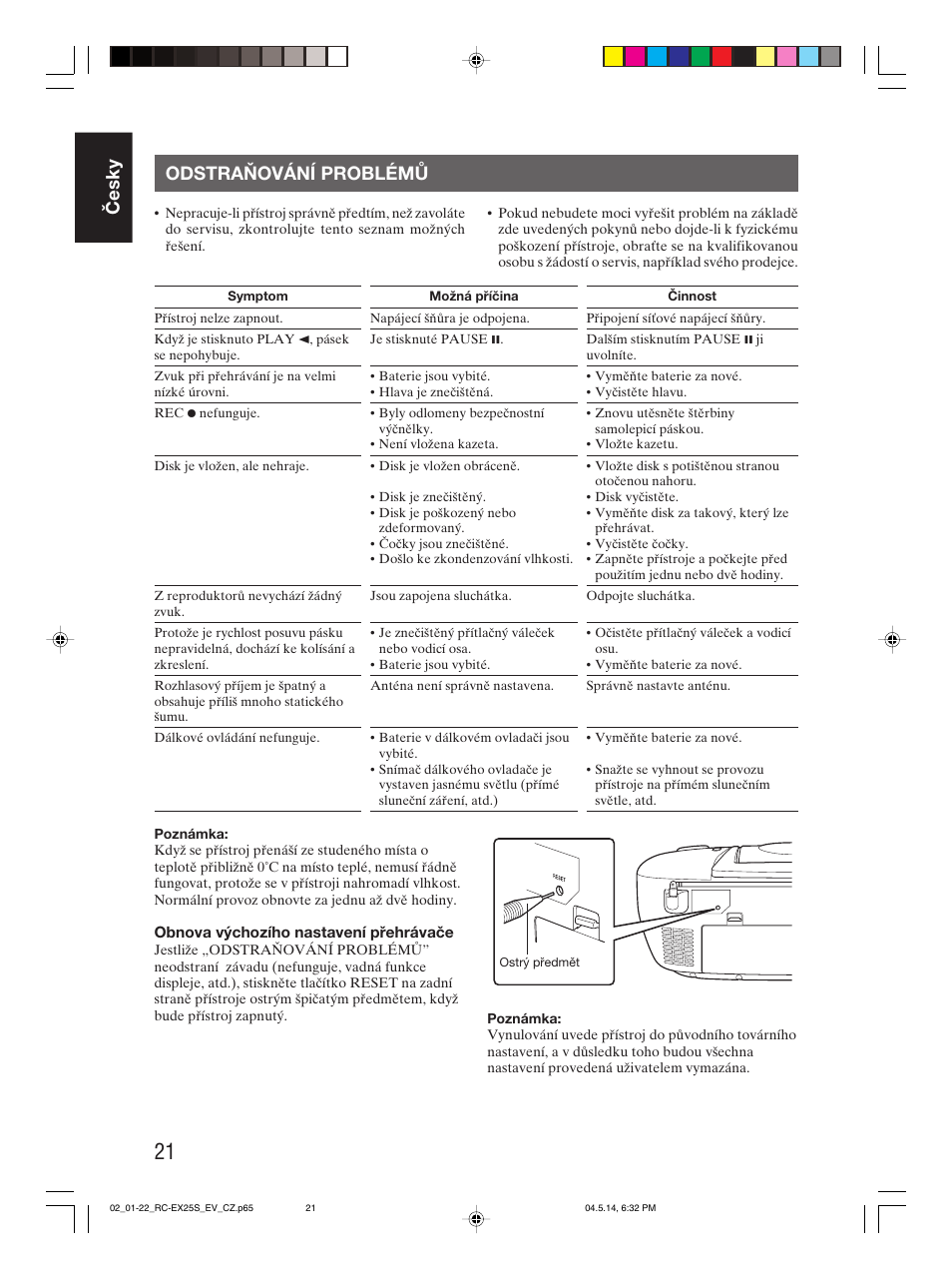 Odstraňování problémů, Česky odstraňování problémů | JVC RC-EX25S User Manual | Page 26 / 94