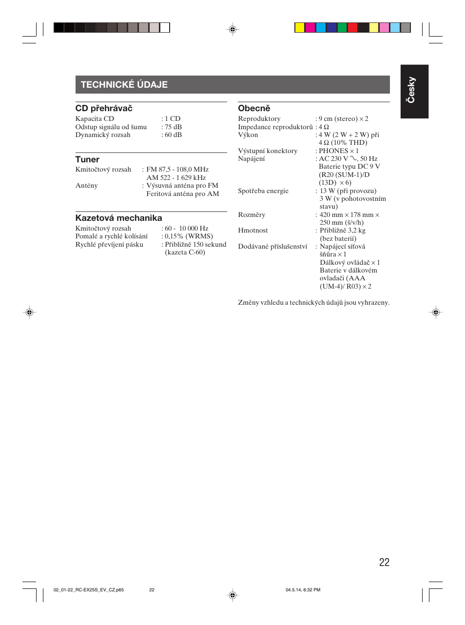 Technické údaje, Česky technické údaje | JVC RC-EX25S User Manual | Page 27 / 94