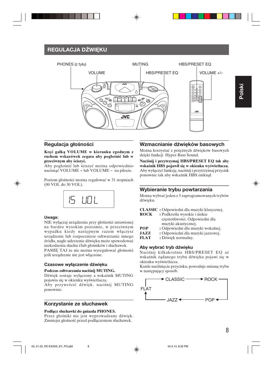 Regulacja dźwięku, Polski regulacja dźwięku, Regulacja głośności | Korzystanie ze słuchawek, Wzmacnianie dźwięków basowych, Wybieranie trybu powtarzania, Czasowe wyłączenie dźwięku, Aby wybrać tryb dźwięku, Pop classic rock jazz flat | JVC RC-EX25S User Manual | Page 35 / 94