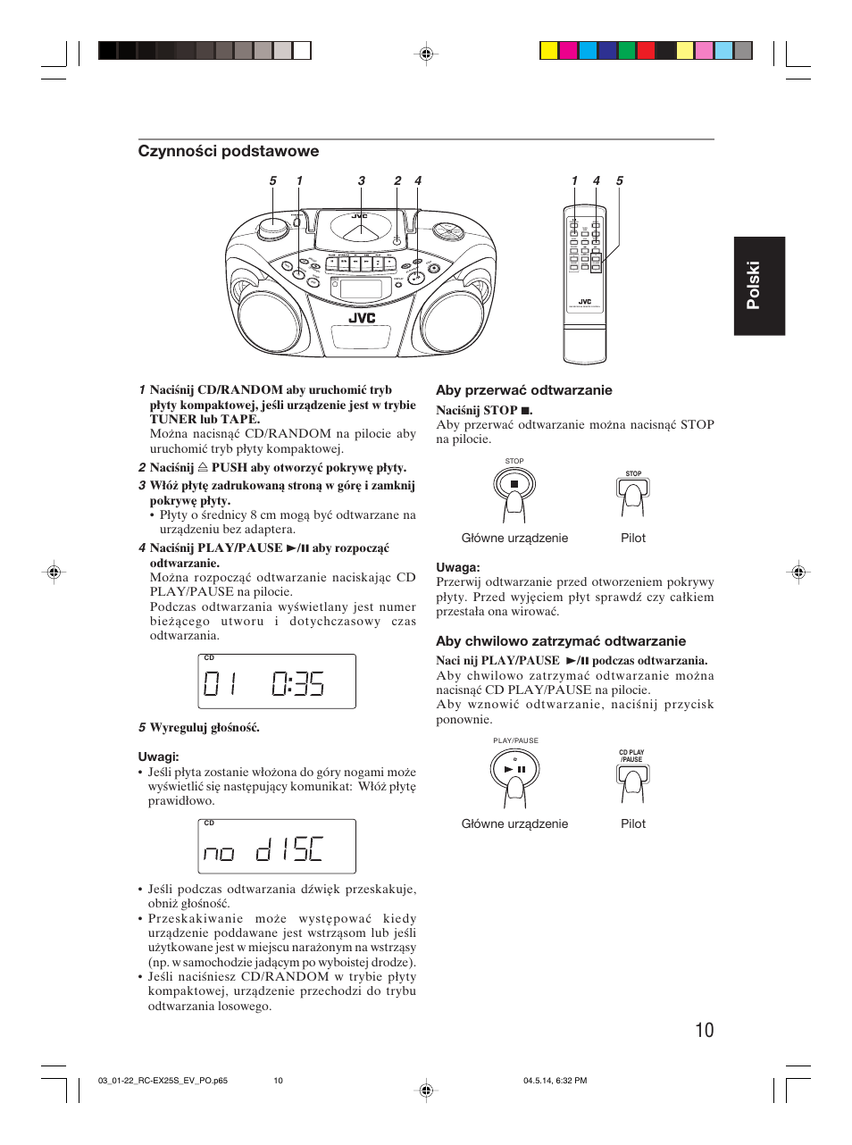 Polski, Czynności podstawowe, Aby przerwać odtwarzanie | Aby chwilowo zatrzymać odtwarzanie | JVC RC-EX25S User Manual | Page 37 / 94