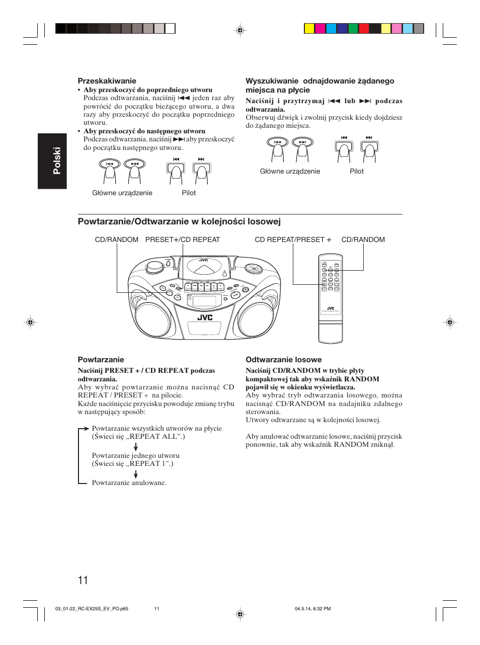 Polski, Powtarzanie/odtwarzanie w kolejności losowej, Przeskakiwanie | Powtarzanie, Odtwarzanie losowe | JVC RC-EX25S User Manual | Page 38 / 94