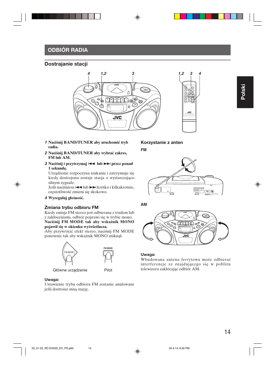 Odbiór radia, Polski odbiór radia, Dostrajanie stacji | Zmiana trybu odbioru fm, Korzystanie z anten | JVC RC-EX25S User Manual | Page 41 / 94