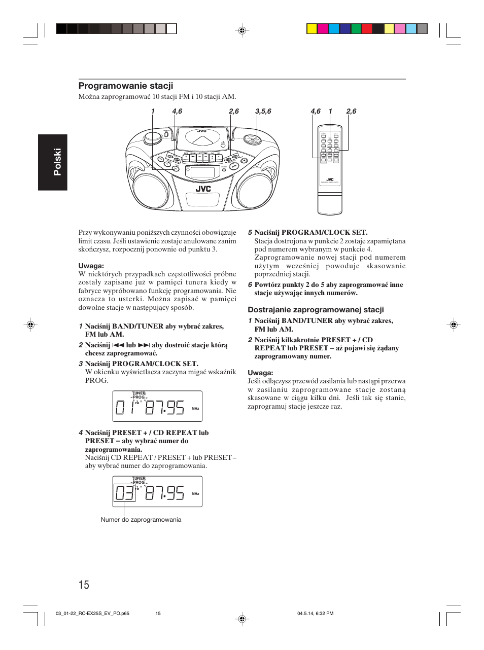 Polski, Programowanie stacji, Dostrajanie zaprogramowanej stacji | Można zaprogramować 10 stacji fm i 10 stacji am, Cd/ random tape fm mode intro stop hbs/ preset eq, Standby/on display, Volume preset | JVC RC-EX25S User Manual | Page 42 / 94