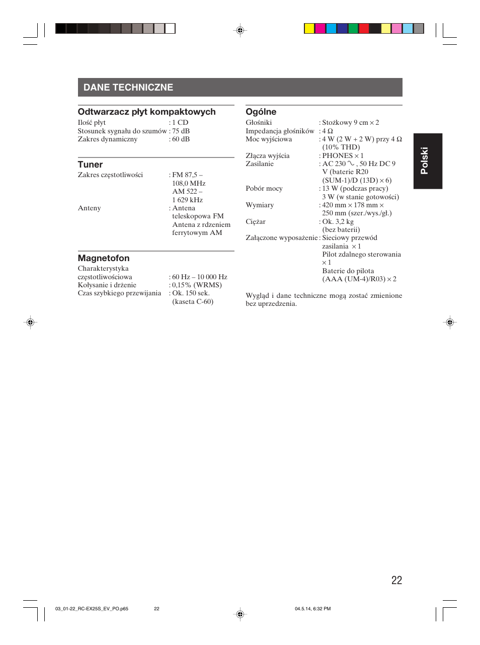 Dane techniczne, Polski dane techniczne | JVC RC-EX25S User Manual | Page 49 / 94