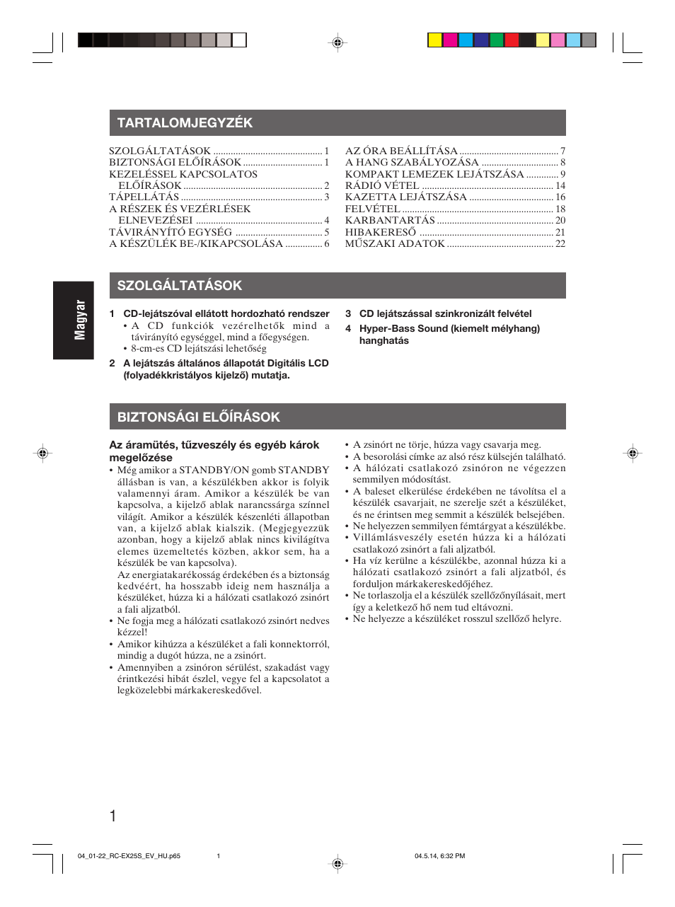 Tartalomjegyzék, Szolgáltatások, Biztonsági előírások | Magyar, Biztonsági előírások szolgáltatások | JVC RC-EX25S User Manual | Page 50 / 94