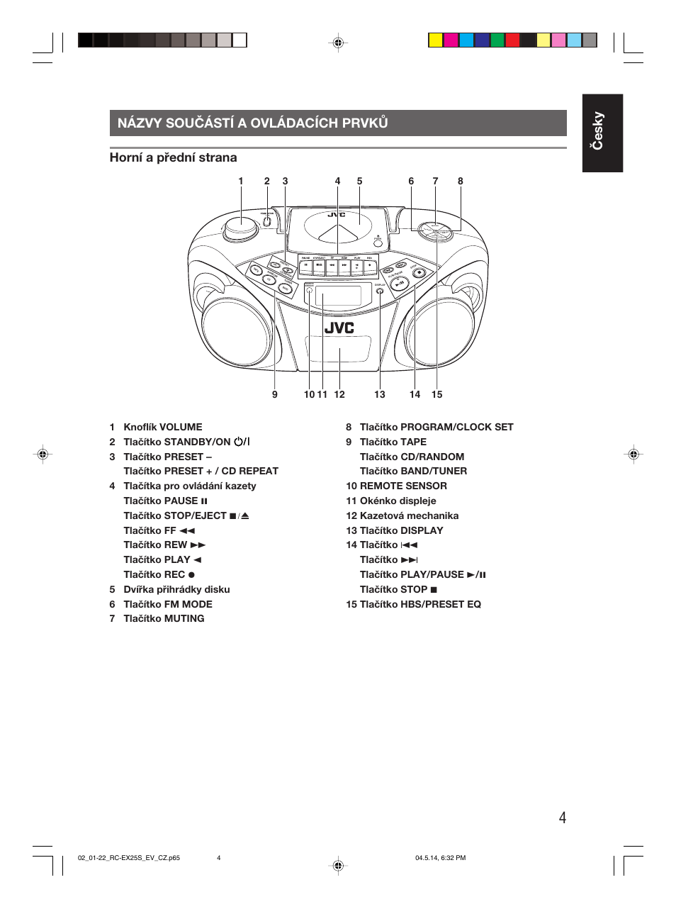 Názvy součástí a ovládacích prvků, Česky názvy součástí a ovládacích prvků, Horní a přední strana | JVC RC-EX25S User Manual | Page 9 / 94