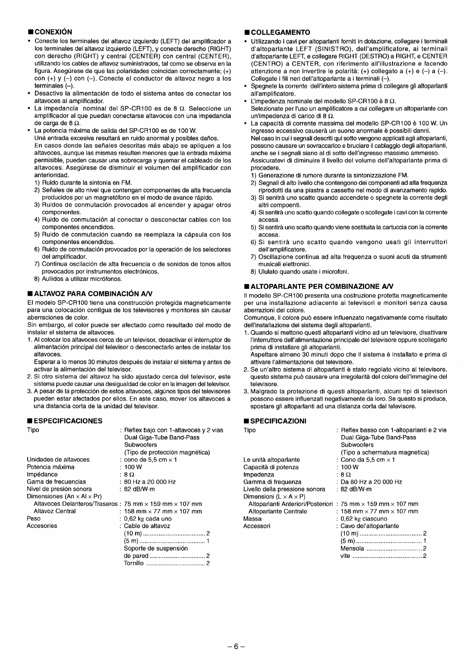 Conexion, Altavoz para combinación a/v, Collegamento | Altoparlante per combinazione a/v, Especificaciones | JVC sp-x100 User Manual | Page 14 / 18