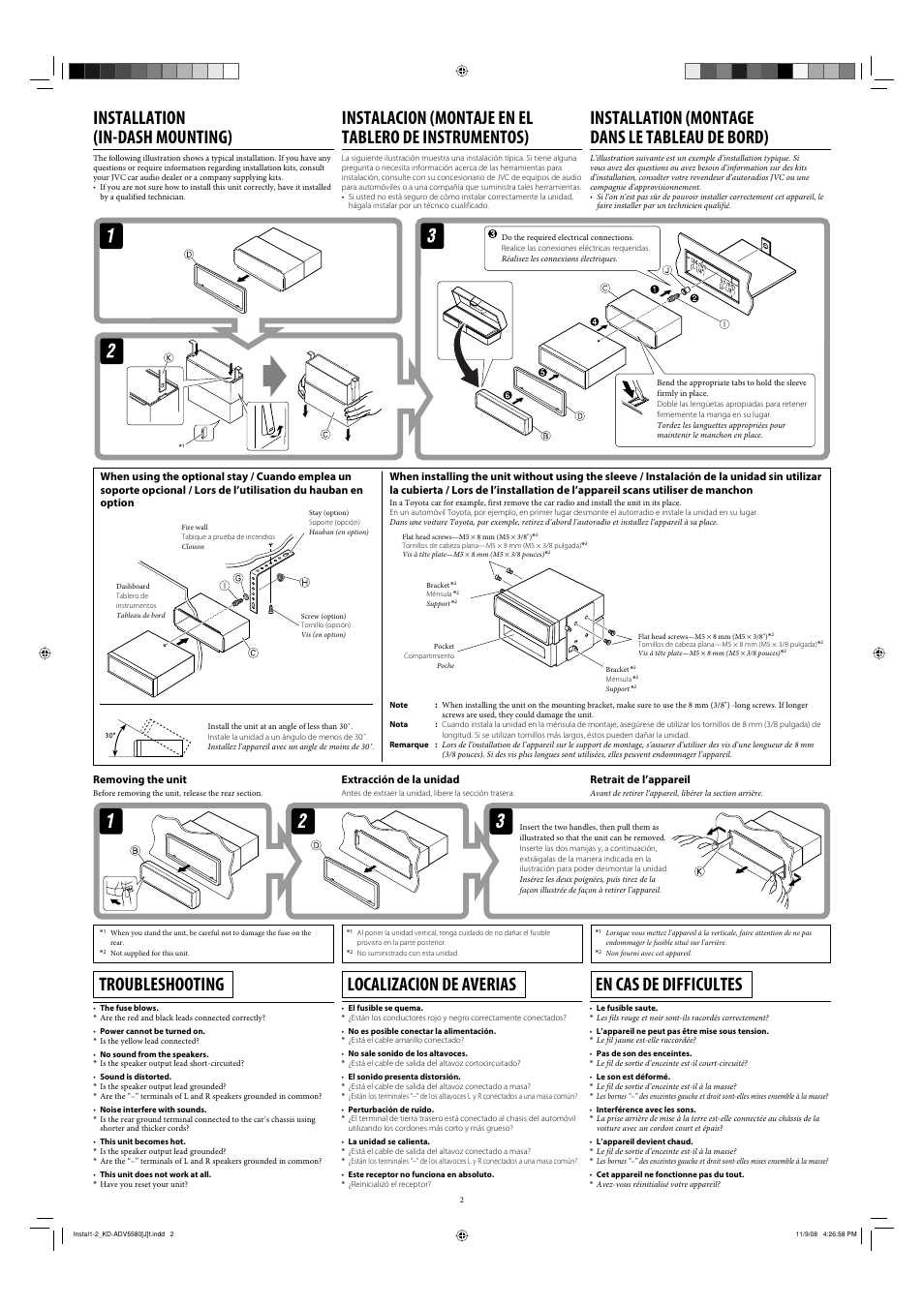 Installation (in-dash mounting), Installation (montage dans le tableau de bord), Troubleshooting | Localizacion de averias, En cas de difficultes | JVC KD-ADV5580 User Manual | Page 2 / 4