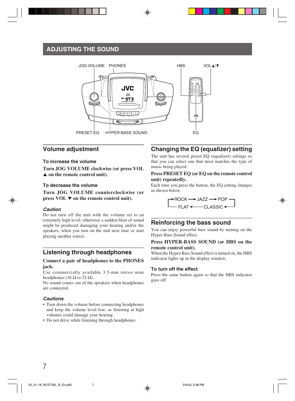 Adjusting the sound, Adjusting the sound volume adjustment, Listening through headphones | Changing the eq (equalizer) setting, Reinforcing the bass sound | JVC LVT1000-004A User Manual | Page 10 / 67