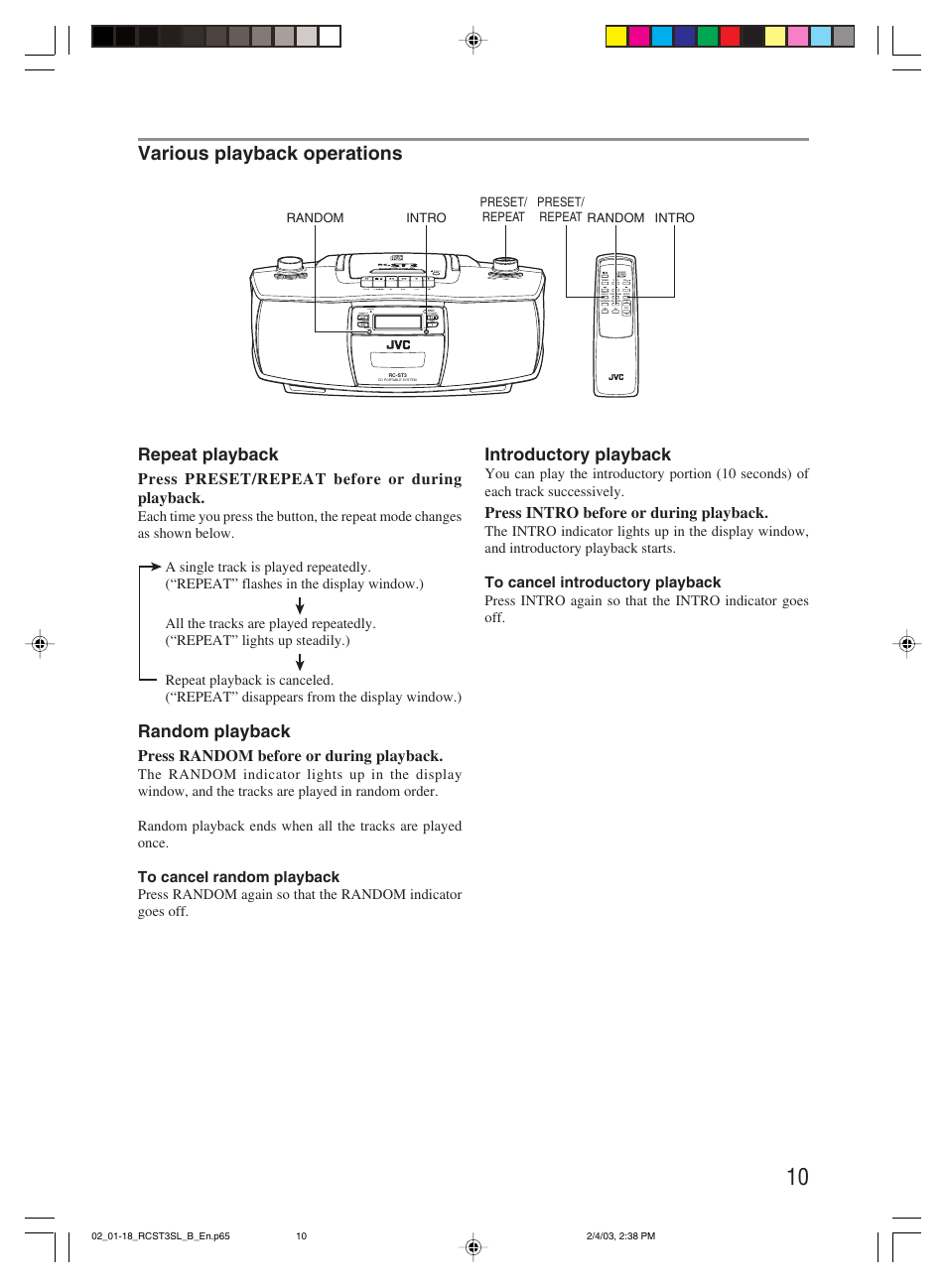 Various playback operations, Repeat playback, Random playback | Introductory playback, Press preset/repeat before or during playback, Press random before or during playback, Press intro before or during playback | JVC LVT1000-004A User Manual | Page 13 / 67