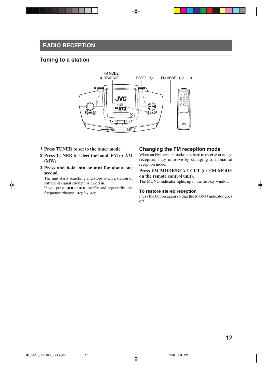 Radio reception, Radio reception tuning to a station, Changing the fm reception mode | JVC LVT1000-004A User Manual | Page 15 / 67