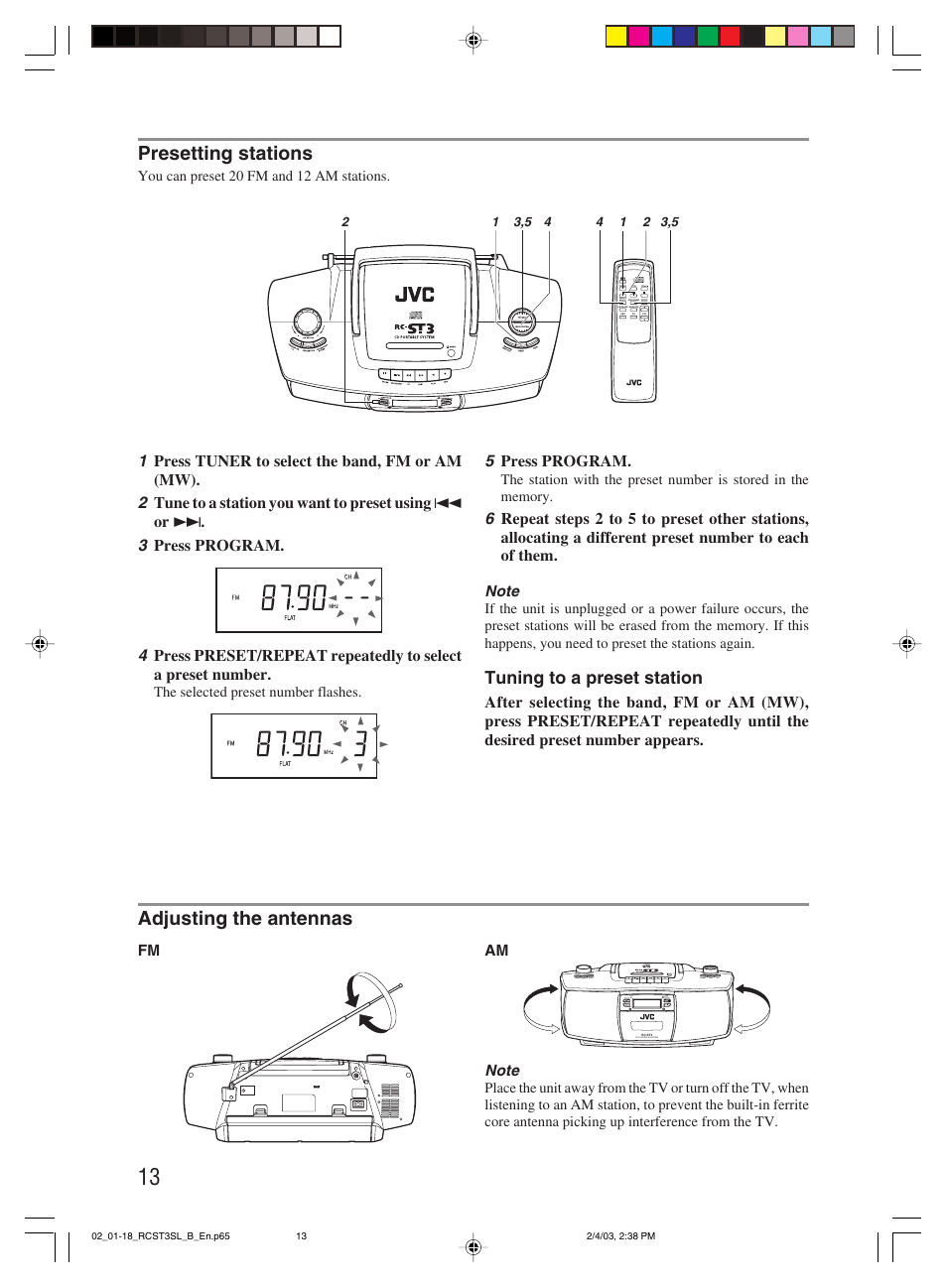 Presetting stations, Adjusting the antennas, Tuning to a preset station | JVC LVT1000-004A User Manual | Page 16 / 67