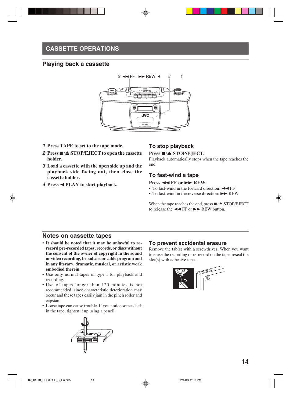 Cassette operations, Cassette operations playing back a cassette | JVC LVT1000-004A User Manual | Page 17 / 67