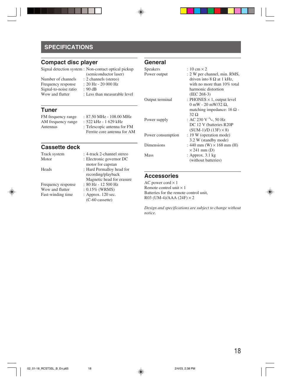 Specifications, Specifications compact disc player, Tuner | Cassette deck, General, Accessories | JVC LVT1000-004A User Manual | Page 21 / 67