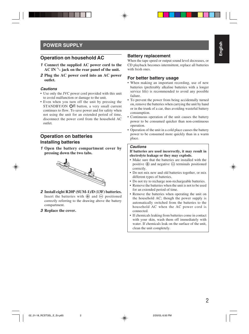 Power supply, Operation on household ac, Operation on batteries | JVC LVT1000-004A User Manual | Page 28 / 67