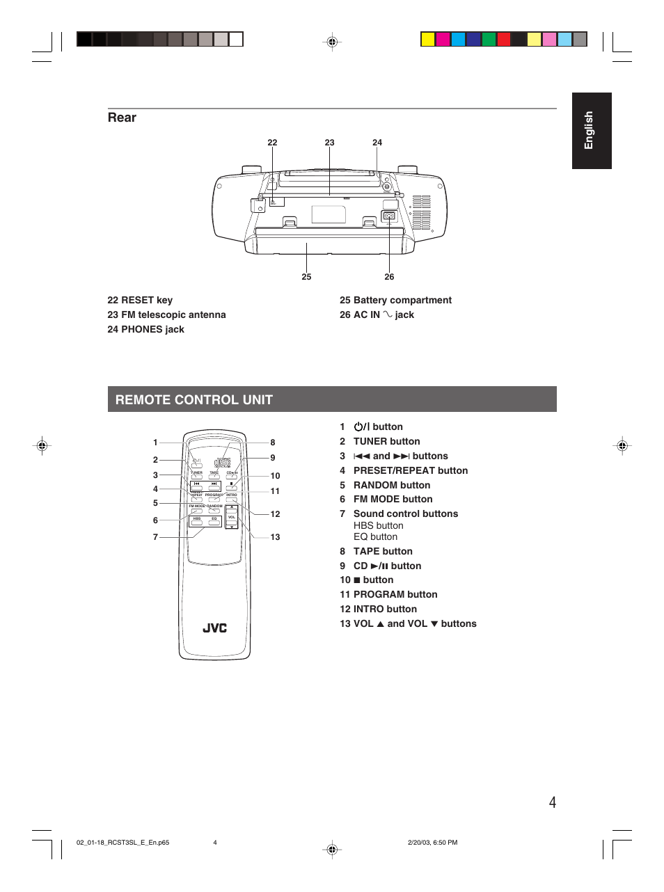 Remote control unit, Remote control unit rear, English | JVC LVT1000-004A User Manual | Page 30 / 67