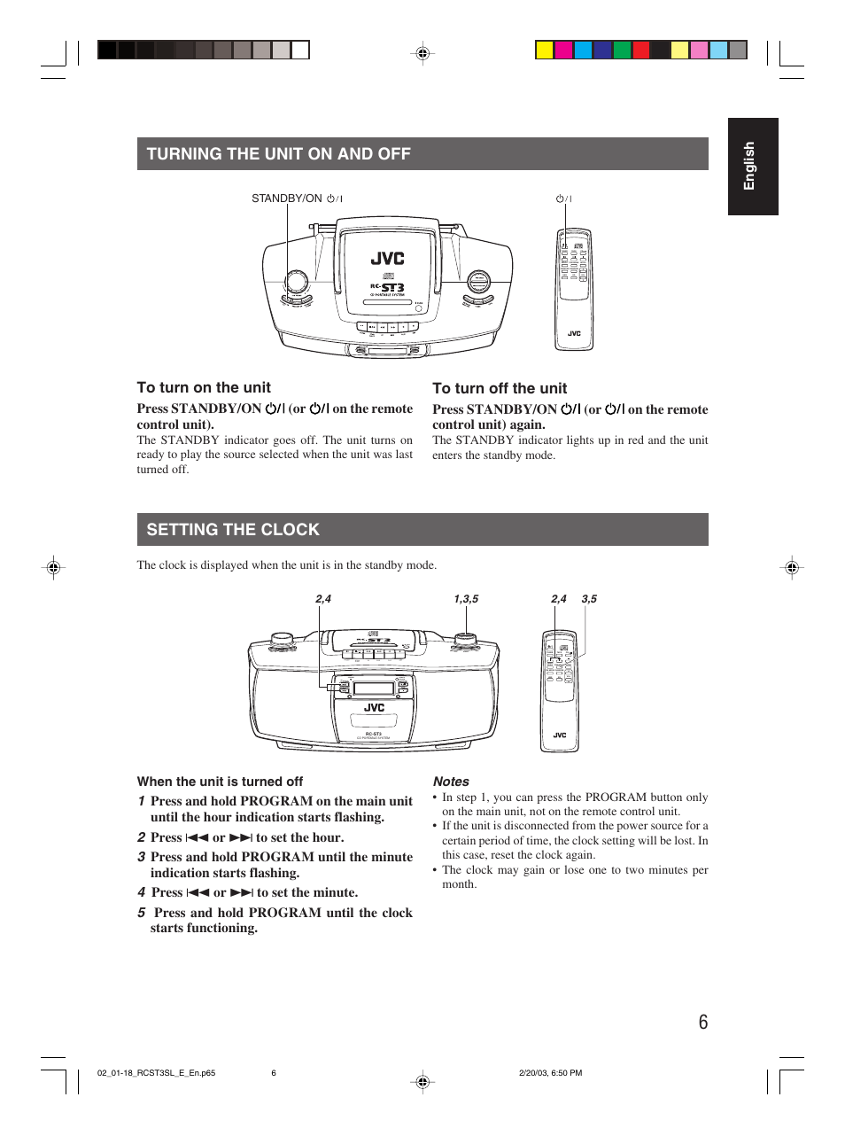 Turning the unit on and off, Setting the clock, English | Press standby/on (or on the remote control unit) | JVC LVT1000-004A User Manual | Page 32 / 67