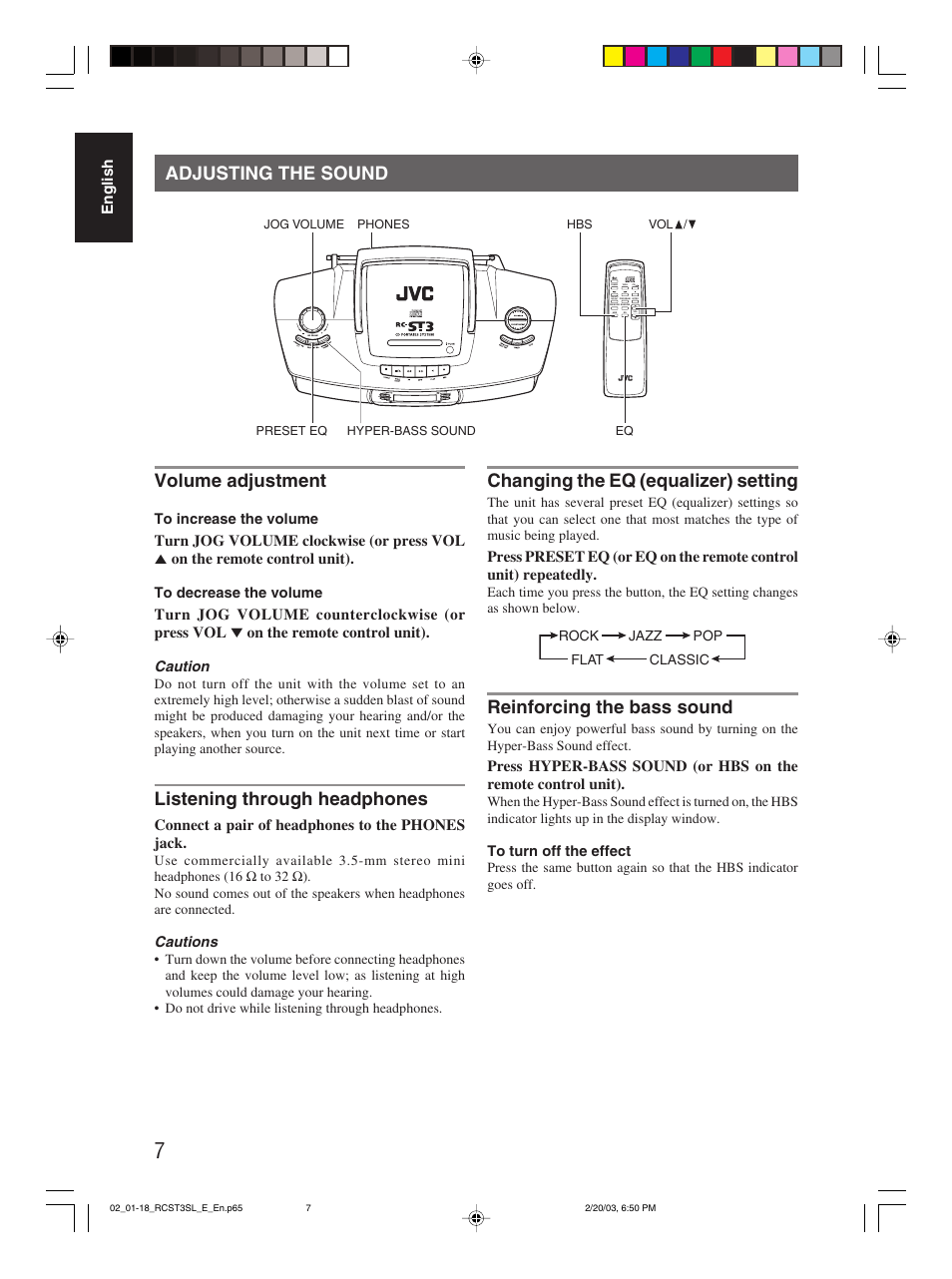 Adjusting the sound, Adjusting the sound volume adjustment, Listening through headphones | Changing the eq (equalizer) setting, Reinforcing the bass sound | JVC LVT1000-004A User Manual | Page 33 / 67