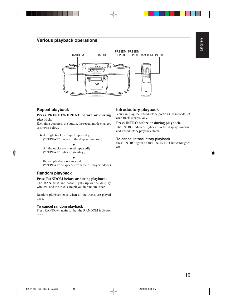 Various playback operations, Repeat playback, Random playback | Introductory playback, English, Press preset/repeat before or during playback, Press random before or during playback, Press intro before or during playback | JVC LVT1000-004A User Manual | Page 36 / 67