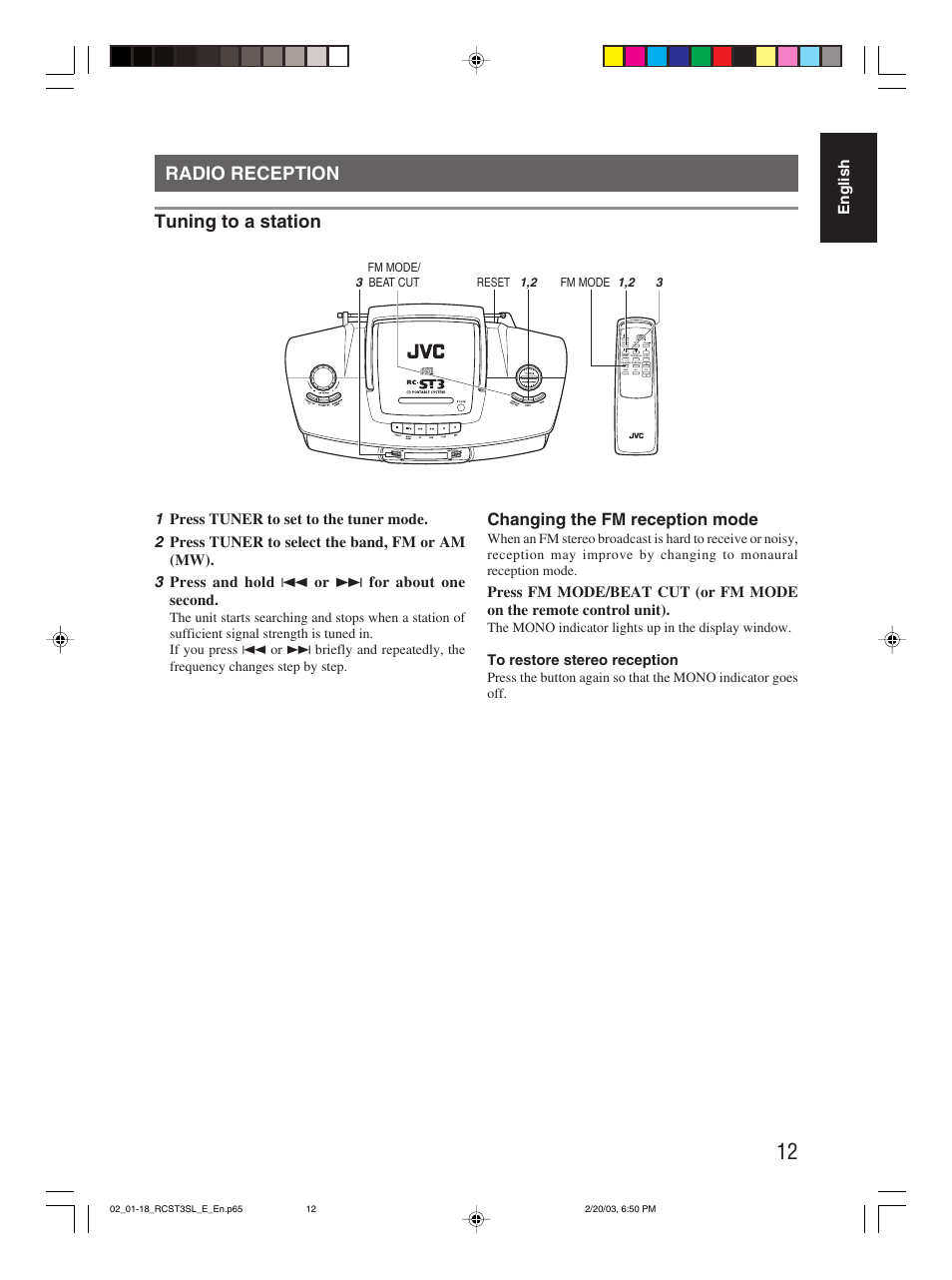 Radio reception, Radio reception tuning to a station, Changing the fm reception mode | English | JVC LVT1000-004A User Manual | Page 38 / 67