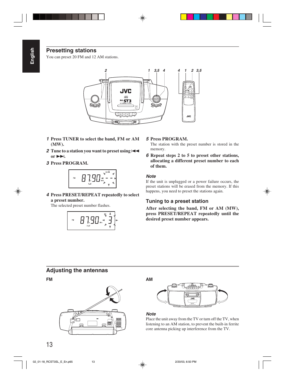 Presetting stations, Adjusting the antennas, Tuning to a preset station | JVC LVT1000-004A User Manual | Page 39 / 67