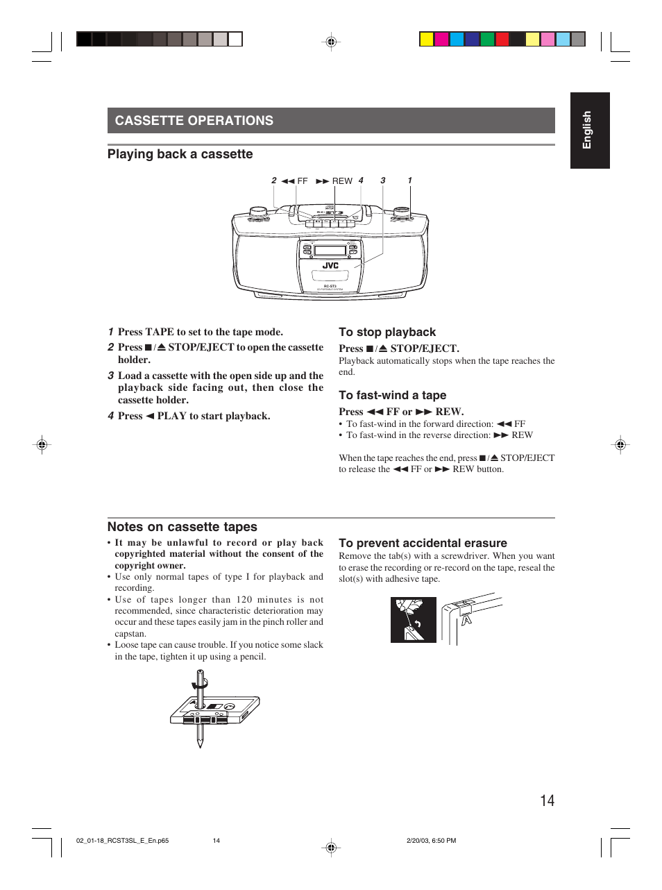 Cassette operations, Cassette operations playing back a cassette | JVC LVT1000-004A User Manual | Page 40 / 67