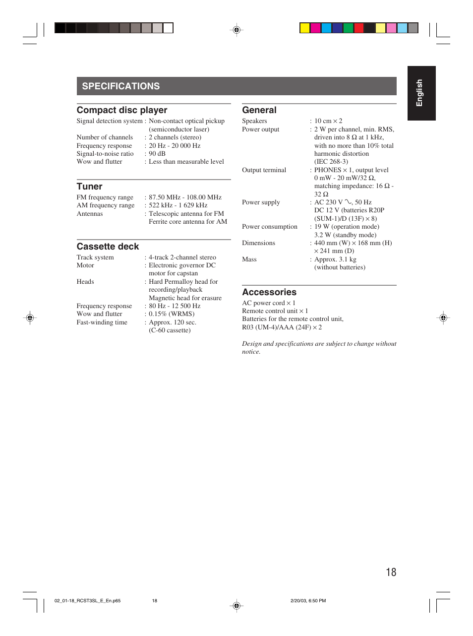 Specifications, Specifications compact disc player, Tuner | Cassette deck, General, Accessories | JVC LVT1000-004A User Manual | Page 44 / 67