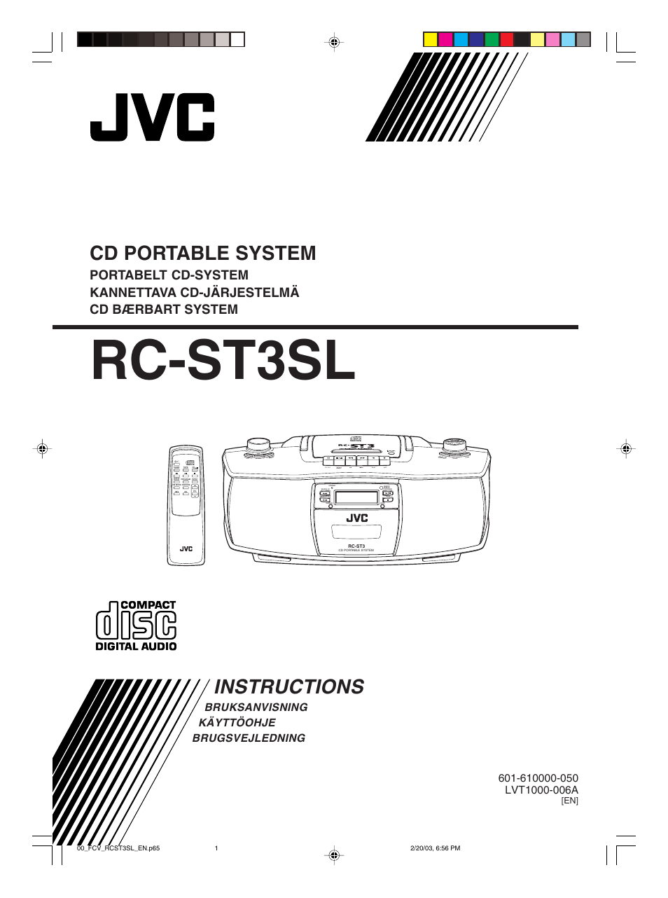 En version, Rc-st3sl, Cd portable system | Instructions, Bruksanvisning käyttöohje brugsvejledning | JVC LVT1000-004A User Manual | Page 46 / 67